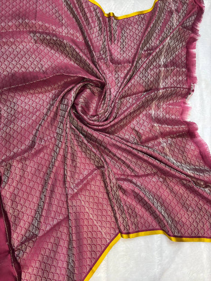 Onion Pink Mashru Silk Iktara Banarasi Saree with Silver Zari Zig-Zag Lahariya and Scallop Blouse