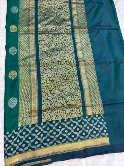 Elegant Emerald Green and Teal Dual-Tone Banarasi Katan Silk Saree