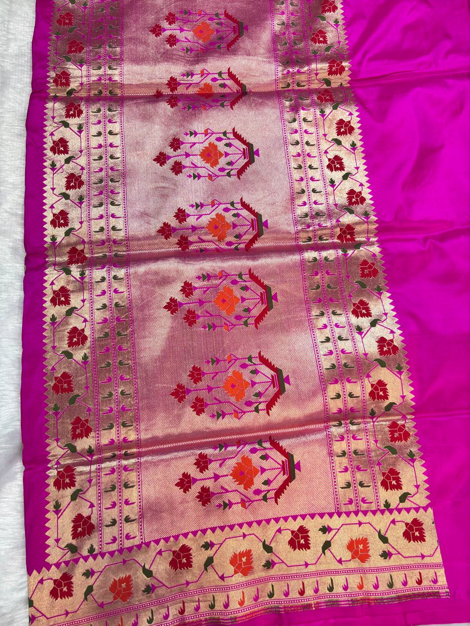 Radiant Rani Pink Pure Katan Silk Banarasi Saree with Meenakari Paithani-Inspired Border