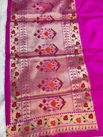 Radiant Rani Pink Pure Katan Silk Banarasi Saree with Meenakari Paithani-Inspired Border