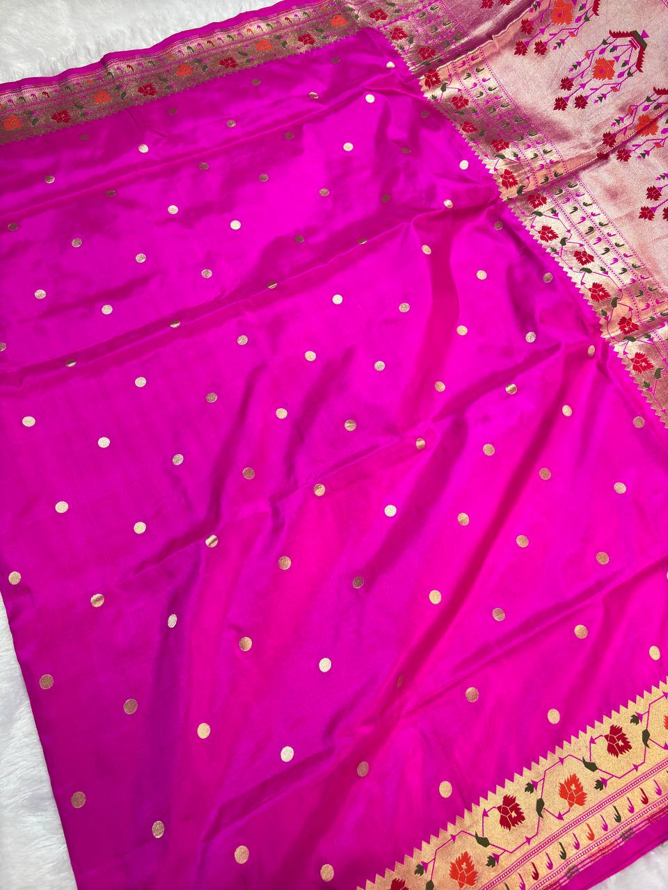 Radiant Rani Pink Pure Katan Silk Banarasi Saree with Meenakari Paithani-Inspired Border