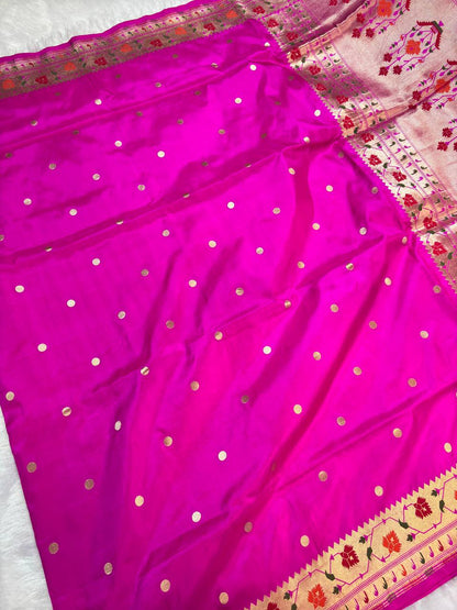 Radiant Rani Pink Pure Katan Silk Banarasi Saree with Meenakari Paithani-Inspired Border