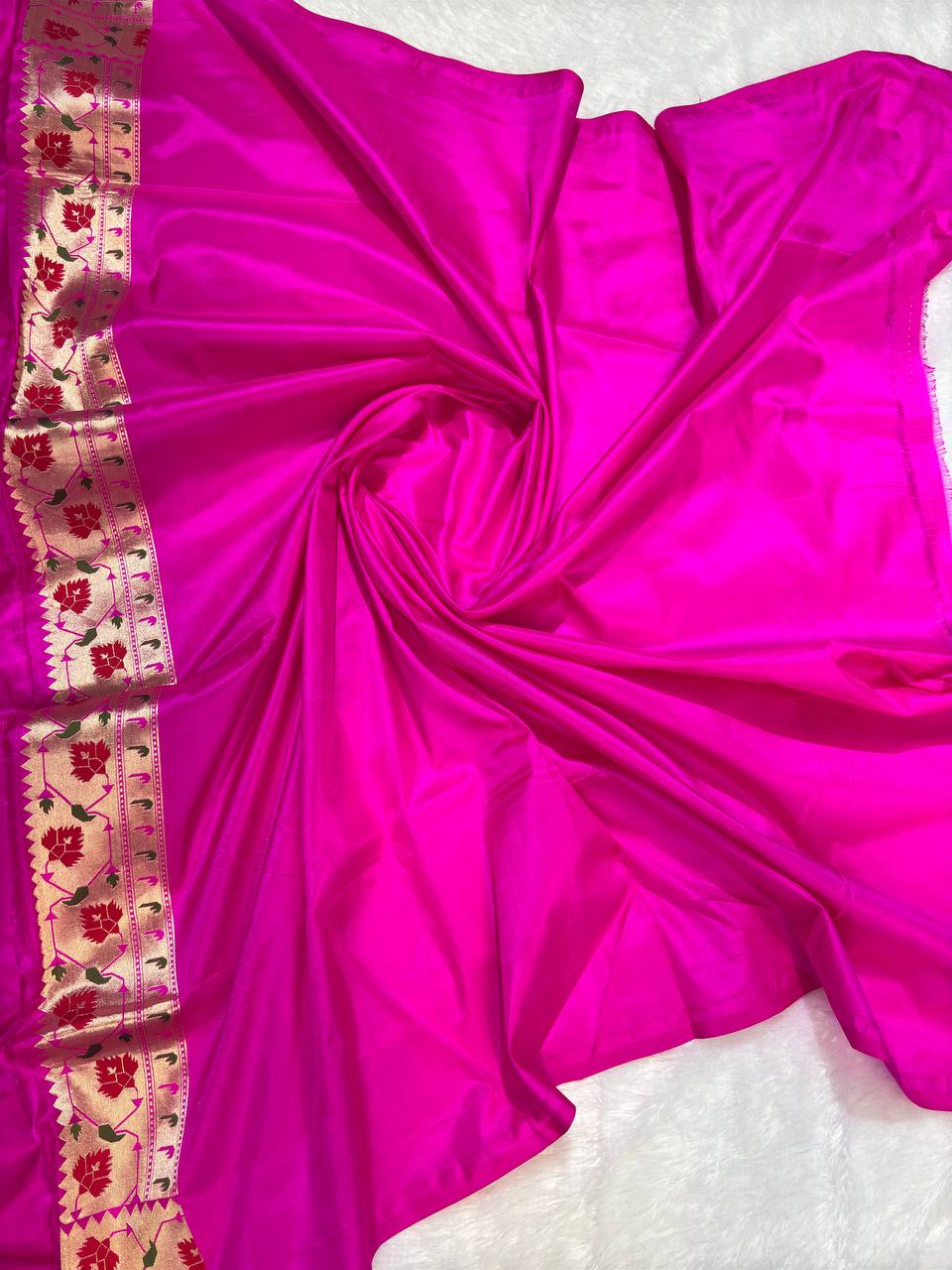 Radiant Rani Pink Pure Katan Silk Banarasi Saree with Meenakari Paithani-Inspired Border
