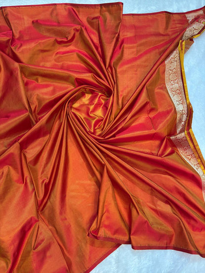 Exquisite Sindoori Red and Mustard Dual-Tone Banarasi Katan Silk Jaal Saree