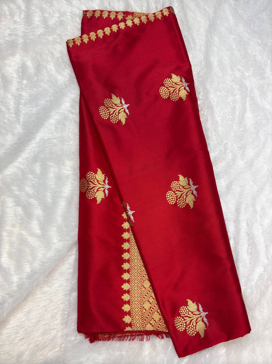 Regal Crimson Red Pure Katan Silk Banarasi Saree with Sona Rupa Kadhua Butti