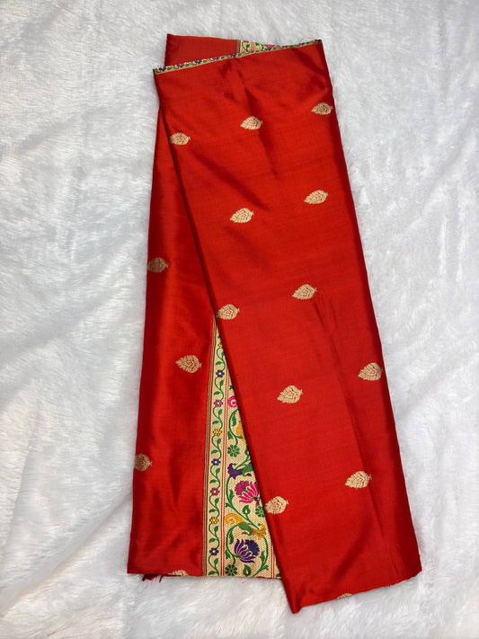 Vibrant Tomato Red Pure Katan Silk Banarasi Saree with Shikargah Meenakari Pallu