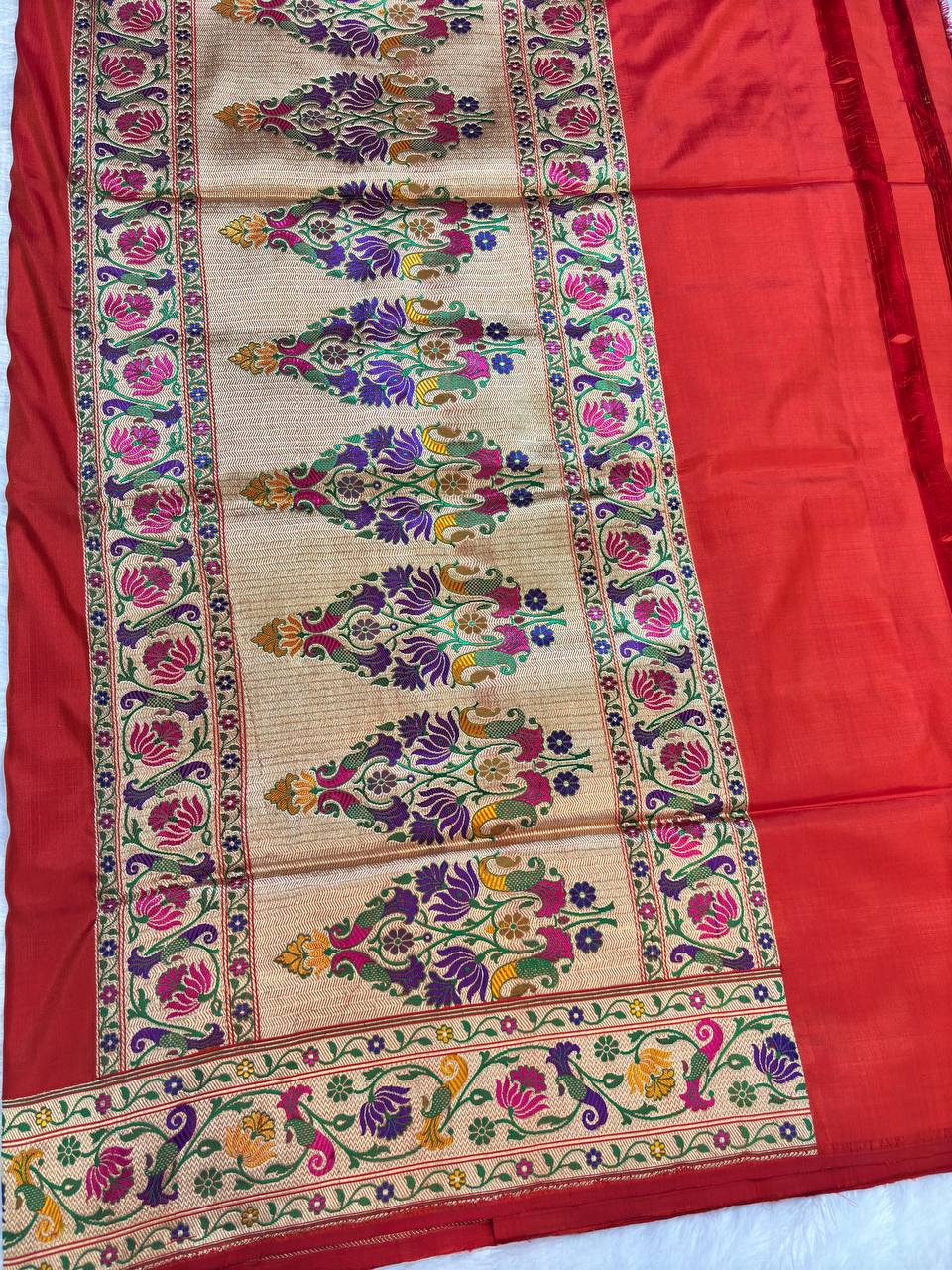 Vibrant Tomato Red Pure Katan Silk Banarasi Saree with Shikargah Meenakari Pallu