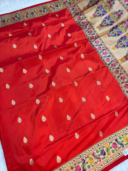 Vibrant Tomato Red Pure Katan Silk Banarasi Saree with Shikargah Meenakari Pallu