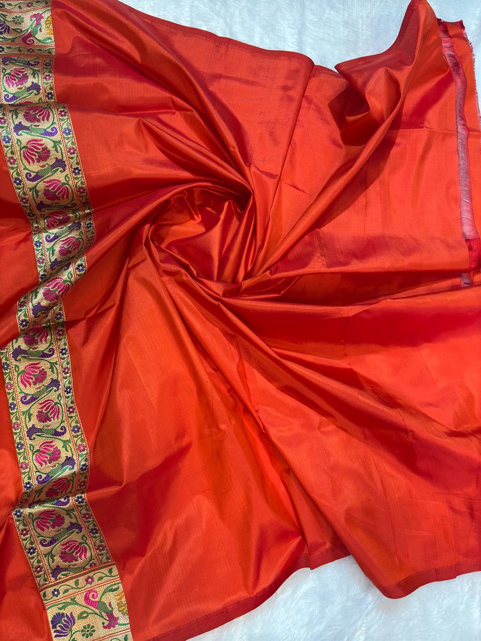 Vibrant Tomato Red Pure Katan Silk Banarasi Saree with Shikargah Meenakari Pallu