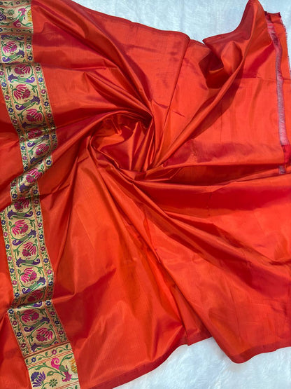 Vibrant Tomato Red Pure Katan Silk Banarasi Saree with Shikargah Meenakari Pallu