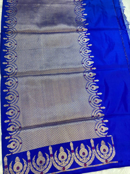 Royal Royal Blue Pure Katan Silk Banarasi Saree with Sona Rupa Kadhua Floral Butti