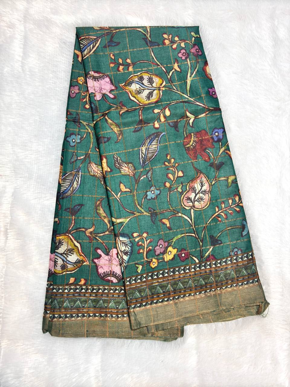 Elegant Sea Green Tussar Silk Digital Print Saree with Kalamkari-Inspired Floral Vines and Zari Border