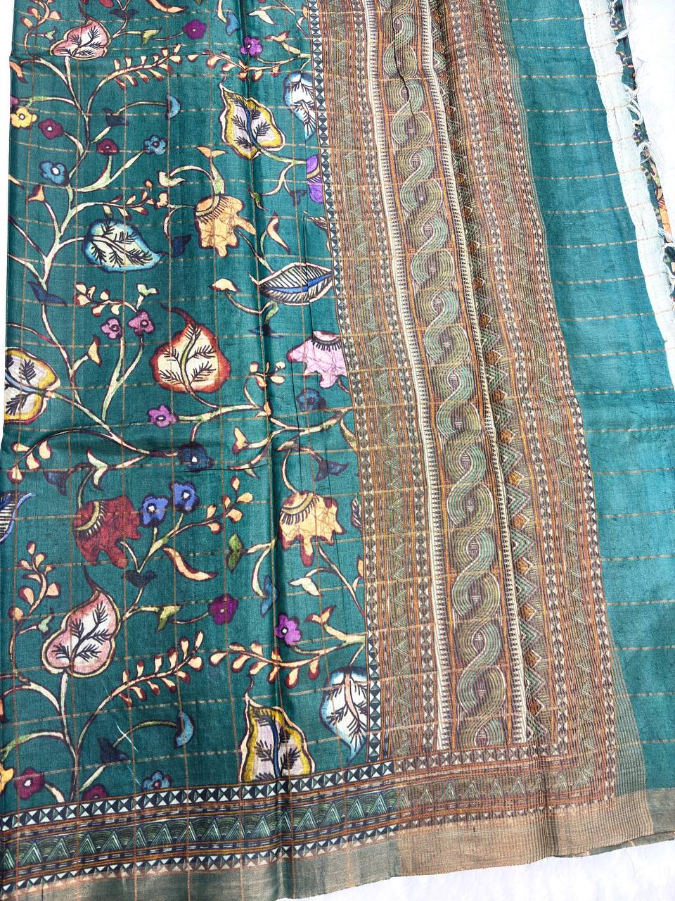 Elegant Sea Green Tussar Silk Digital Print Saree with Kalamkari-Inspired Floral Vines and Zari Border