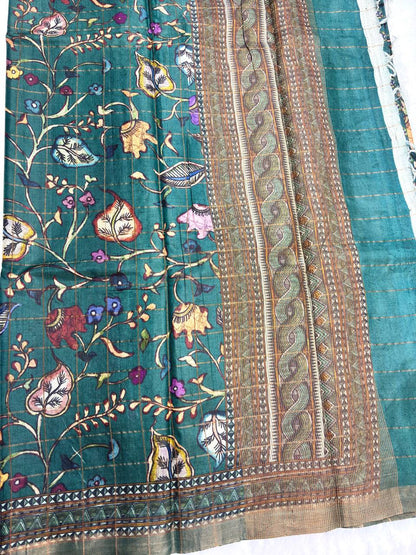 Elegant Sea Green Tussar Silk Digital Print Saree with Kalamkari-Inspired Floral Vines and Zari Border