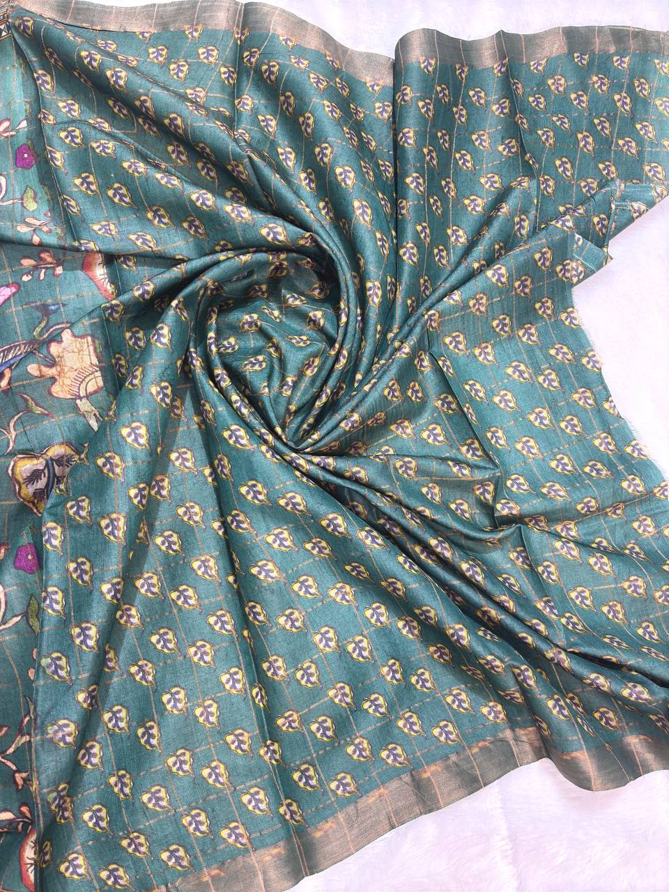Elegant Sea Green Tussar Silk Digital Print Saree with Kalamkari-Inspired Floral Vines and Zari Border