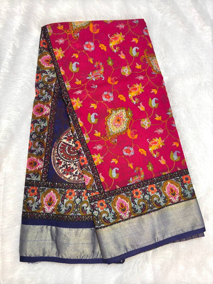 Royal Indigo Blue and Rani Pink Tussar Silk Saree with Kashmiri-Inspired Paisley Digital Prints and Silver Zari Border