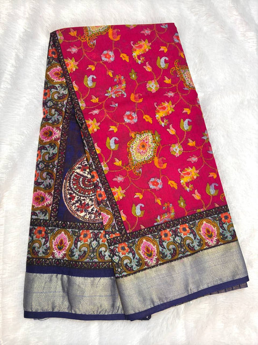 Royal Indigo Blue and Rani Pink Tussar Silk Saree with Kashmiri-Inspired Paisley Digital Prints and Silver Zari Border