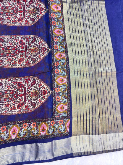 Royal Indigo Blue and Rani Pink Tussar Silk Saree with Kashmiri-Inspired Paisley Digital Prints and Silver Zari Border