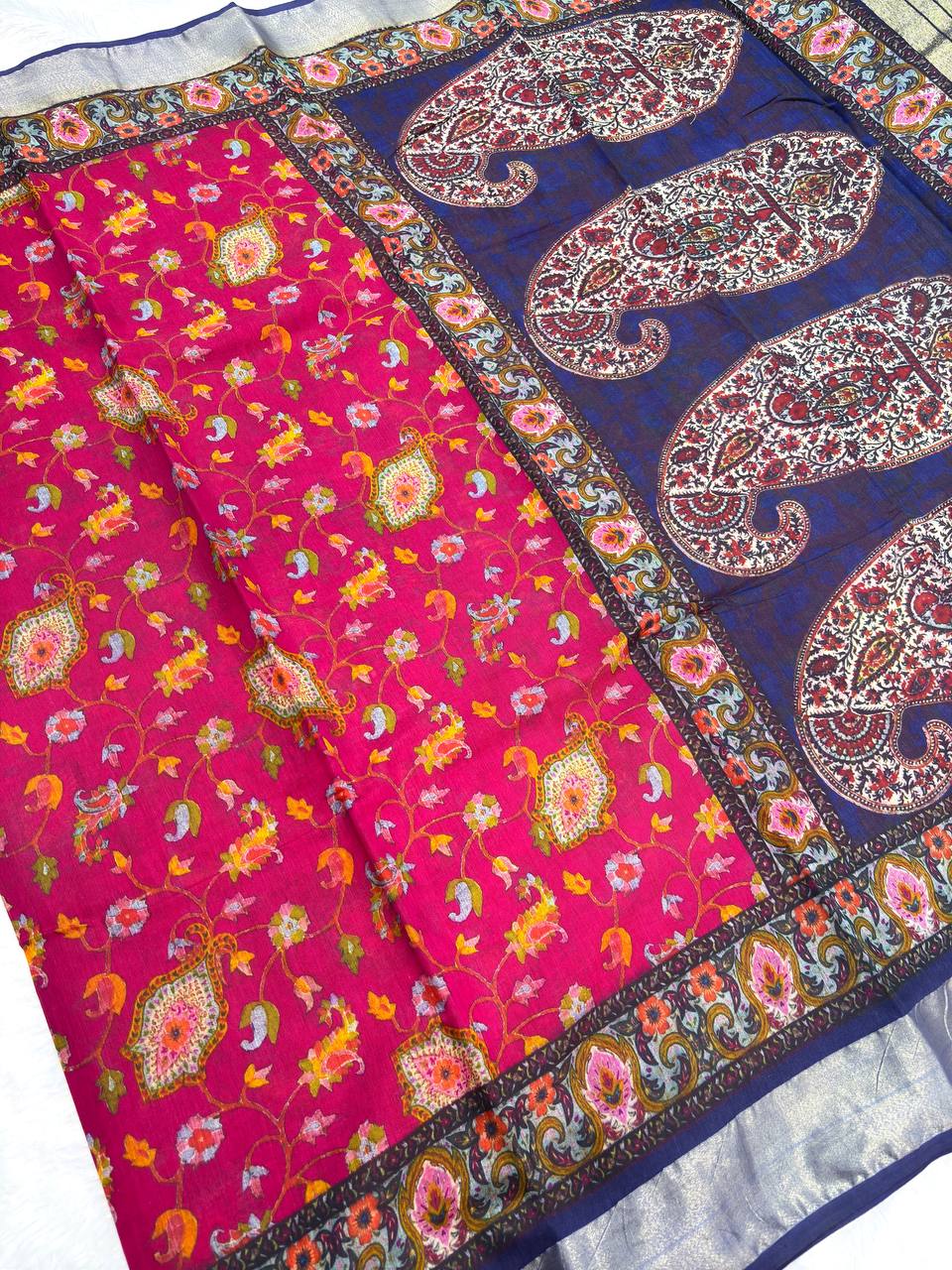 Royal Indigo Blue and Rani Pink Tussar Silk Saree with Kashmiri-Inspired Paisley Digital Prints and Silver Zari Border