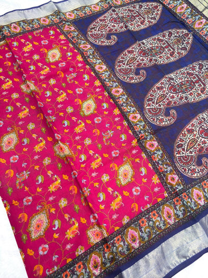 Royal Indigo Blue and Rani Pink Tussar Silk Saree with Kashmiri-Inspired Paisley Digital Prints and Silver Zari Border