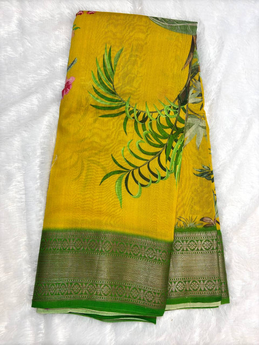 Vibrant Mustard Yellow and Parrot Green Tussar Silk Saree with Mughal Garden Architectural Prints and Zari Border