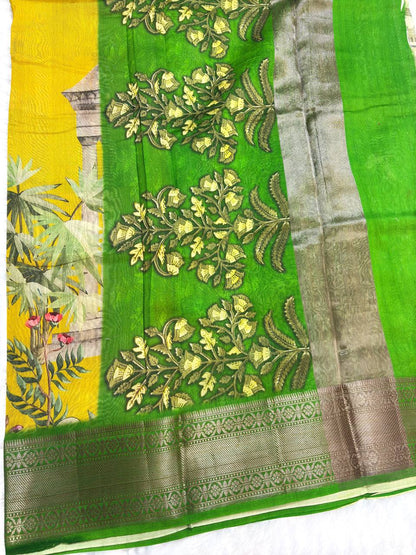 Vibrant Mustard Yellow and Parrot Green Tussar Silk Saree with Mughal Garden Architectural Prints and Zari Border