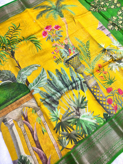 Vibrant Mustard Yellow and Parrot Green Tussar Silk Saree with Mughal Garden Architectural Prints and Zari Border