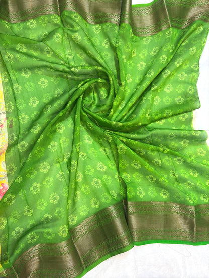 Vibrant Mustard Yellow and Parrot Green Tussar Silk Saree with Mughal Garden Architectural Prints and Zari Border