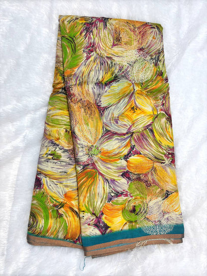 Serene Powder Blue Tussar Silk Saree with Whimsical Woodland Bird Digital Prints and Zari Border