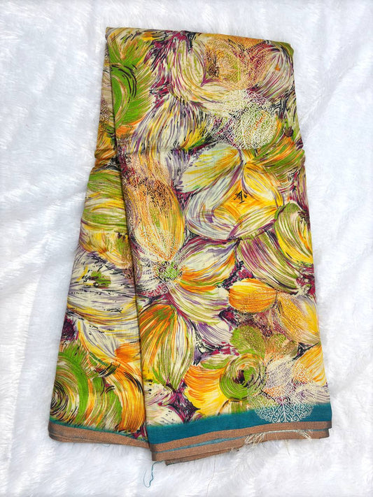 Serene Powder Blue Tussar Silk Saree with Whimsical Woodland Bird Digital Prints and Zari Border