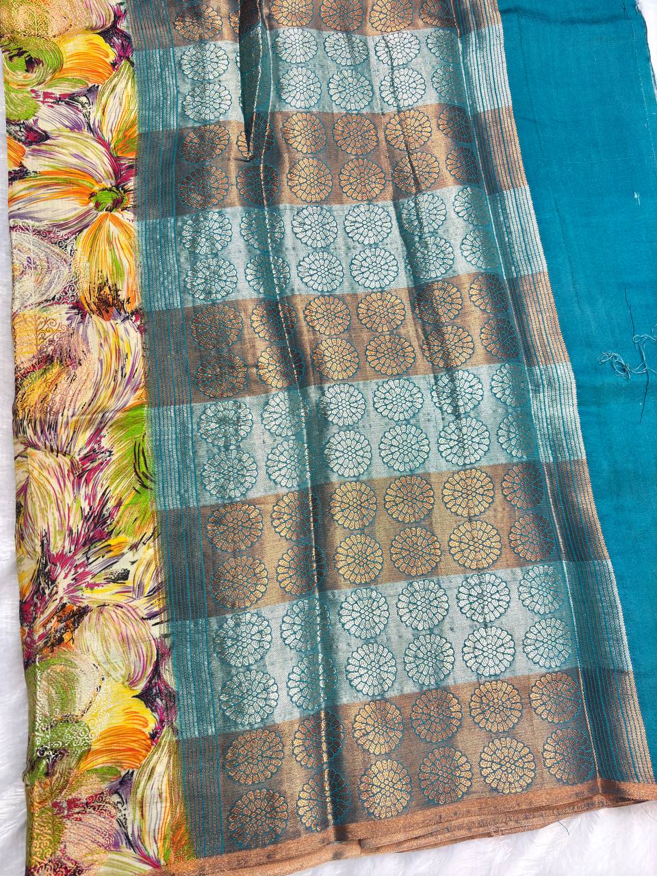 Serene Powder Blue Tussar Silk Saree with Whimsical Woodland Bird Digital Prints and Zari Border