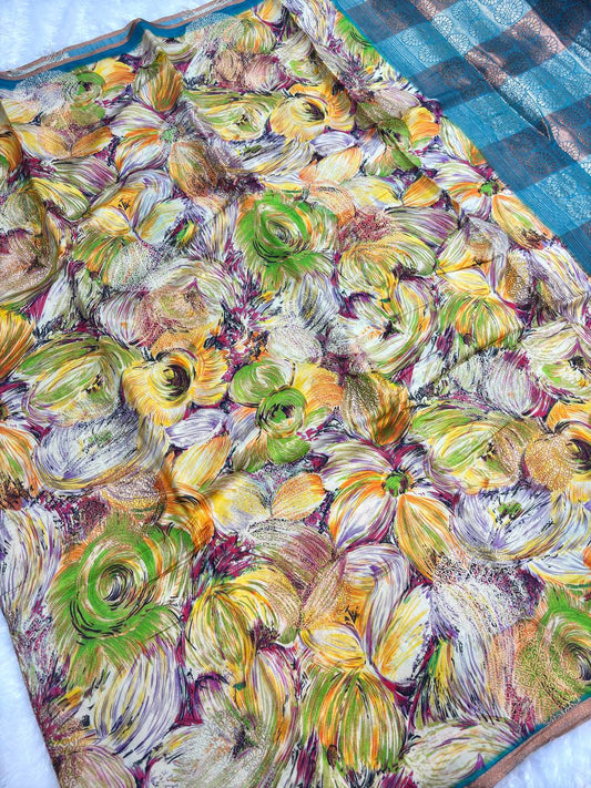 Serene Powder Blue Tussar Silk Saree with Whimsical Woodland Bird Digital Prints and Zari Border