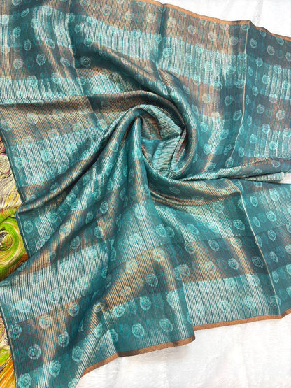 Serene Powder Blue Tussar Silk Saree with Whimsical Woodland Bird Digital Prints and Zari Border