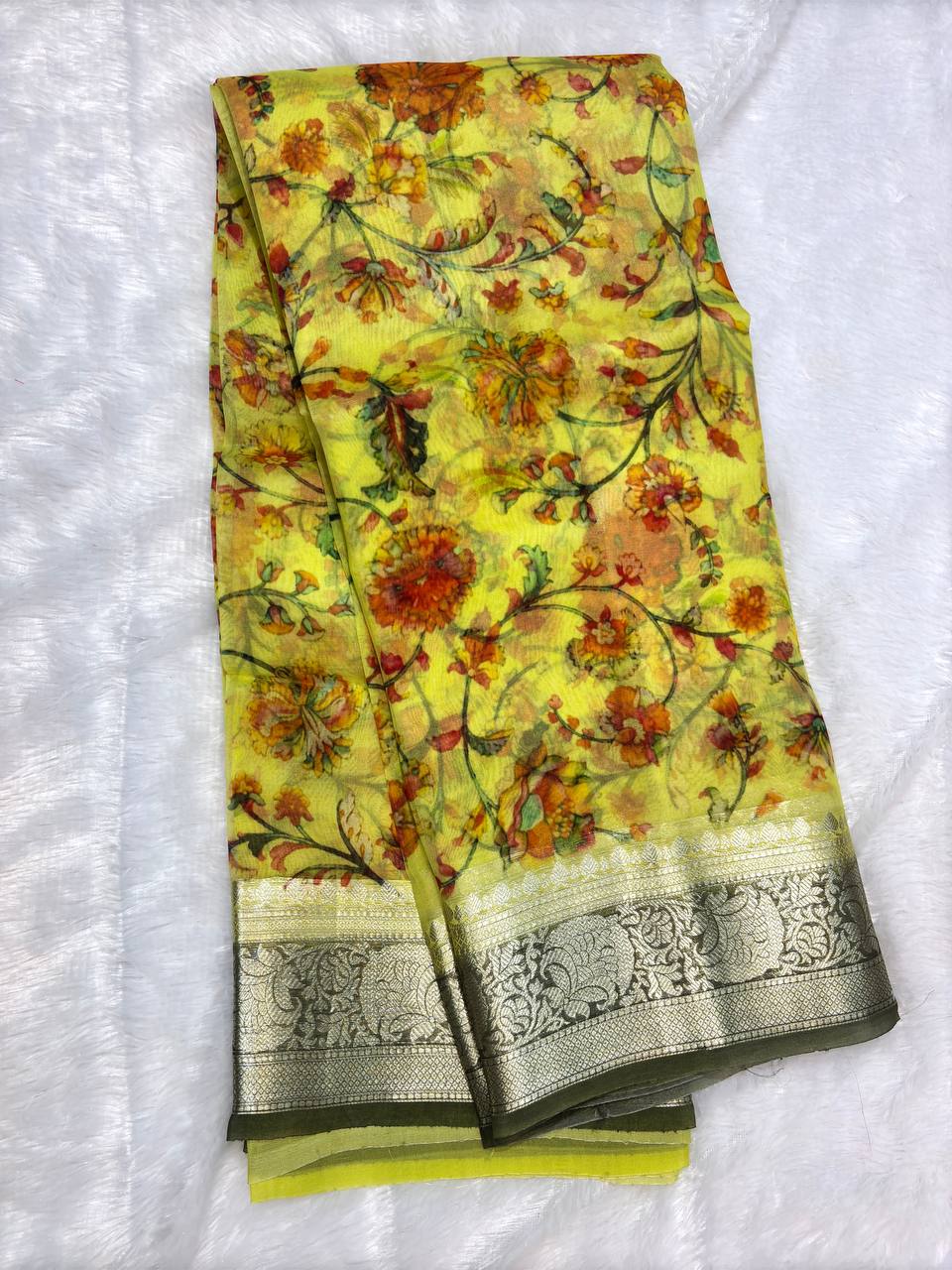 Striking Yellow Tussar Silk Saree with Pichwai-Inspired Lotus Pond Digital Prints and Zari Border