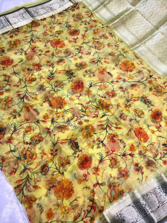 Striking Yellow Tussar Silk Saree with Pichwai-Inspired Lotus Pond Digital Prints and Zari Border