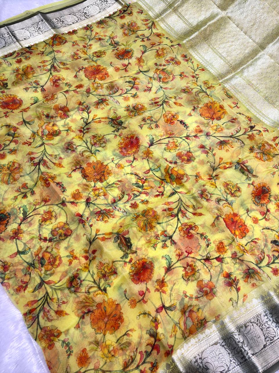 Striking Yellow Tussar Silk Saree with Pichwai-Inspired Lotus Pond Digital Prints and Zari Border