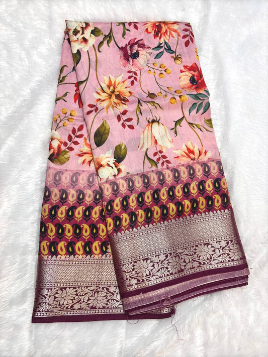 Sophisticated Pink Tussar Silk Saree with Mughal-Inspired Architectural Gateways and Floral Lattice Prints