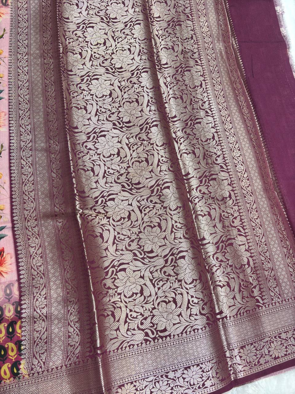 Sophisticated Pink Tussar Silk Saree with Mughal-Inspired Architectural Gateways and Floral Lattice Prints