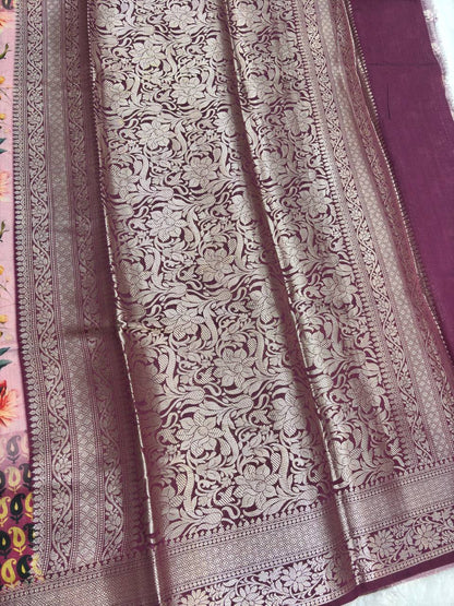 Sophisticated Pink Tussar Silk Saree with Mughal-Inspired Architectural Gateways and Floral Lattice Prints