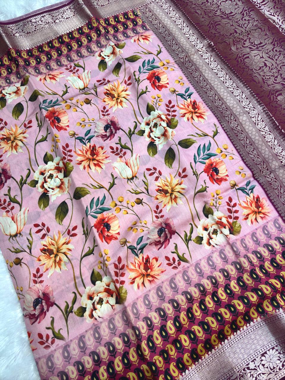 Sophisticated Pink Tussar Silk Saree with Mughal-Inspired Architectural Gateways and Floral Lattice Prints