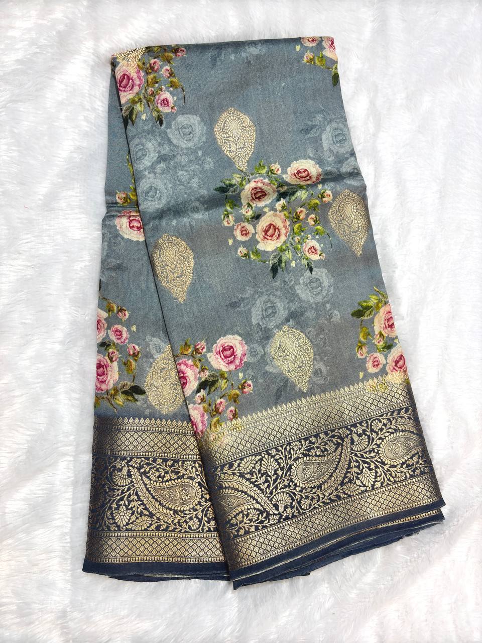 Regal Steel Grey and Midnight Blue Katan Silk Saree with Romantic Rose Bouquets and Banarasi Zari Border
