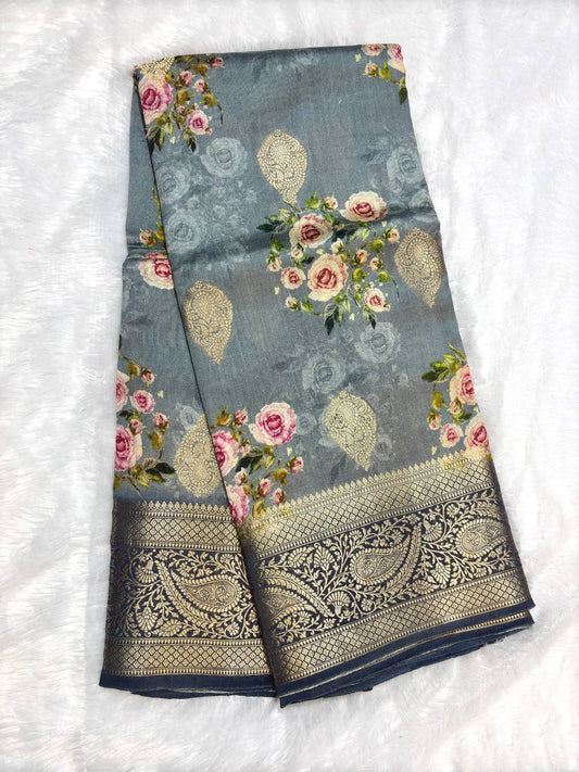 Regal Steel Grey and Midnight Blue Katan Silk Saree with Romantic Rose Bouquets and Banarasi Zari Border