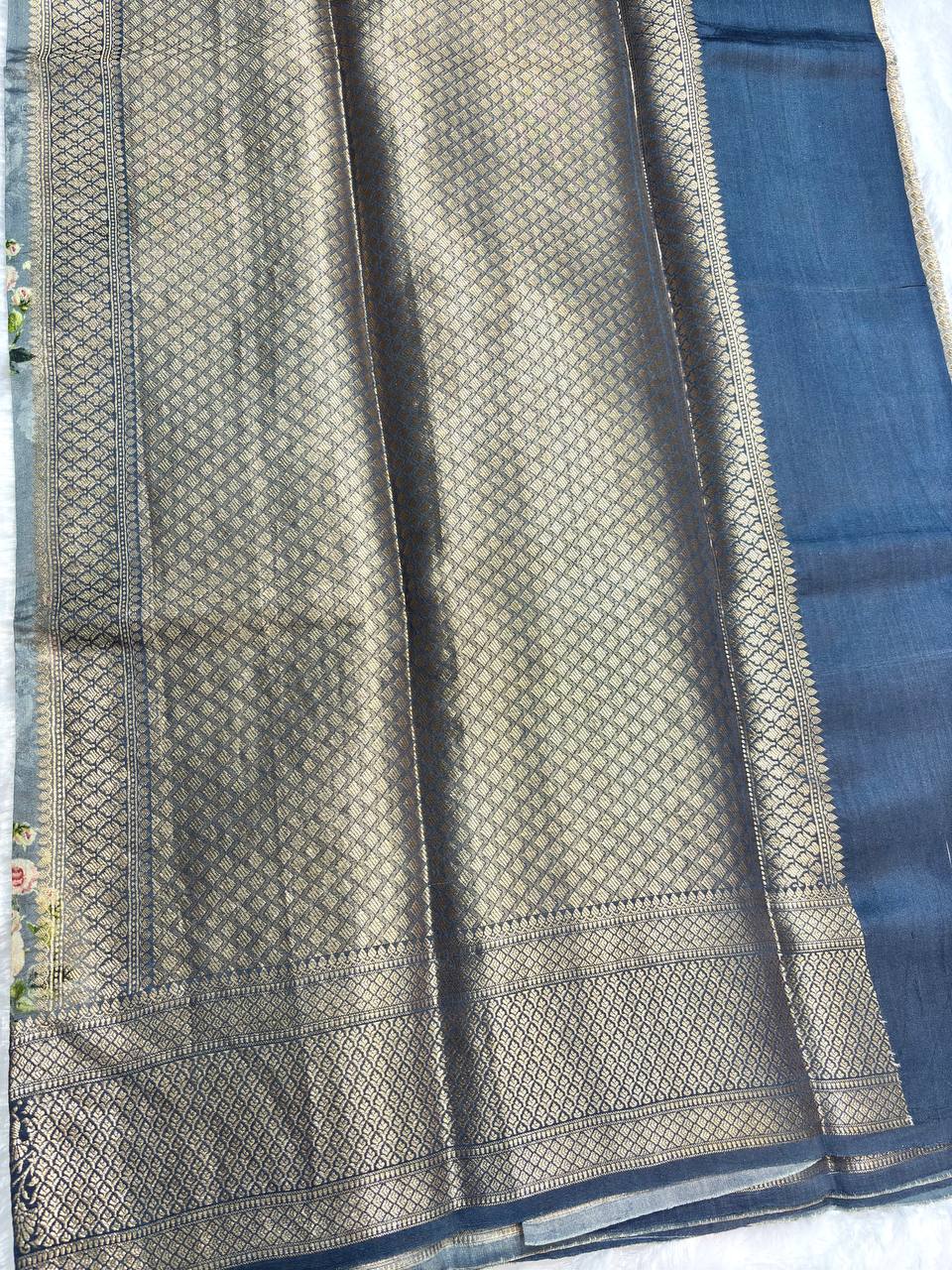 Regal Steel Grey and Midnight Blue Katan Silk Saree with Romantic Rose Bouquets and Banarasi Zari Border
