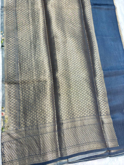 Regal Steel Grey and Midnight Blue Katan Silk Saree with Romantic Rose Bouquets and Banarasi Zari Border