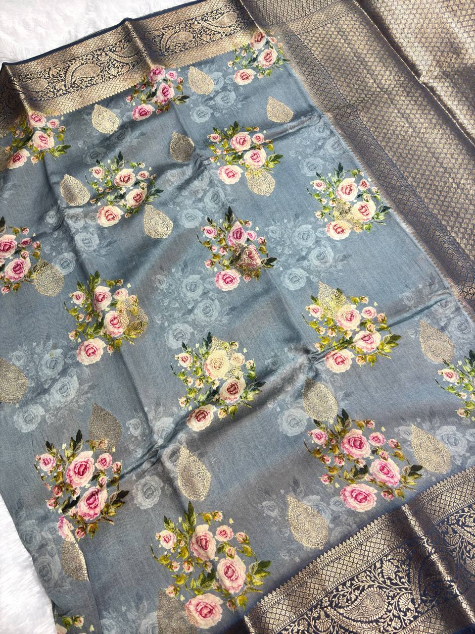 Regal Steel Grey and Midnight Blue Katan Silk Saree with Romantic Rose Bouquets and Banarasi Zari Border