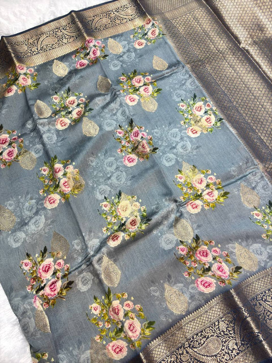 Regal Steel Grey and Midnight Blue Katan Silk Saree with Romantic Rose Bouquets and Banarasi Zari Border