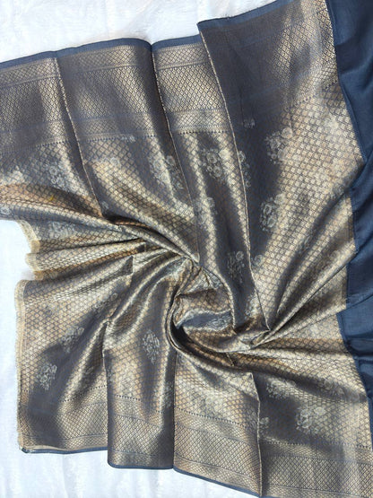 Regal Steel Grey and Midnight Blue Katan Silk Saree with Romantic Rose Bouquets and Banarasi Zari Border