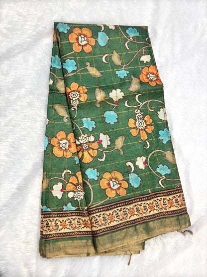 Charming Pine Green Tussar Silk Saree with Floral Grid Lattice, Kalamkari Trails, and Zari Border