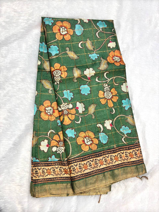 Charming Pine Green Tussar Silk Saree with Floral Grid Lattice, Kalamkari Trails, and Zari Border