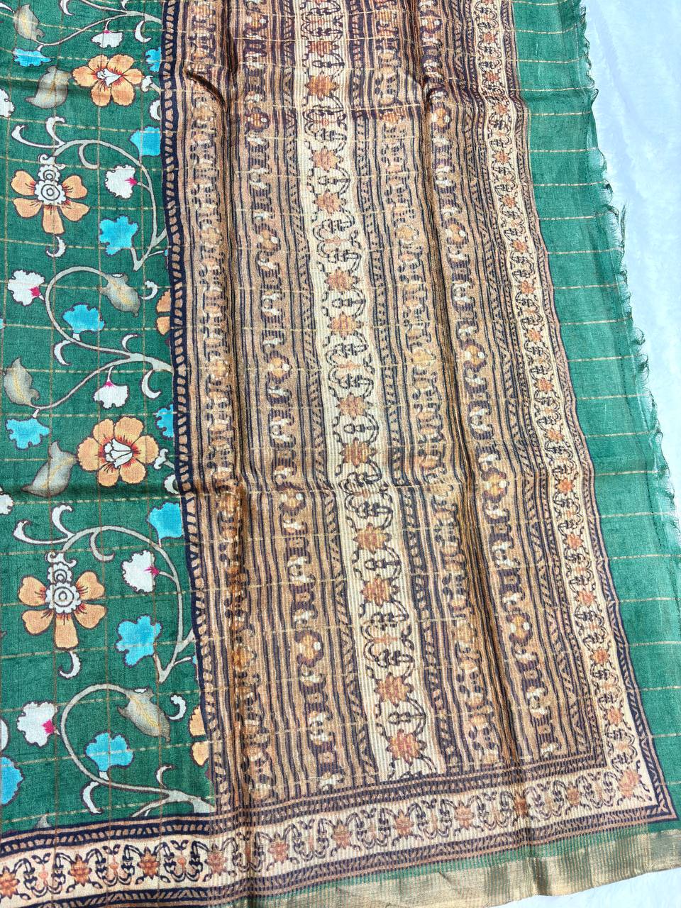 Charming Pine Green Tussar Silk Saree with Floral Grid Lattice, Kalamkari Trails, and Zari Border